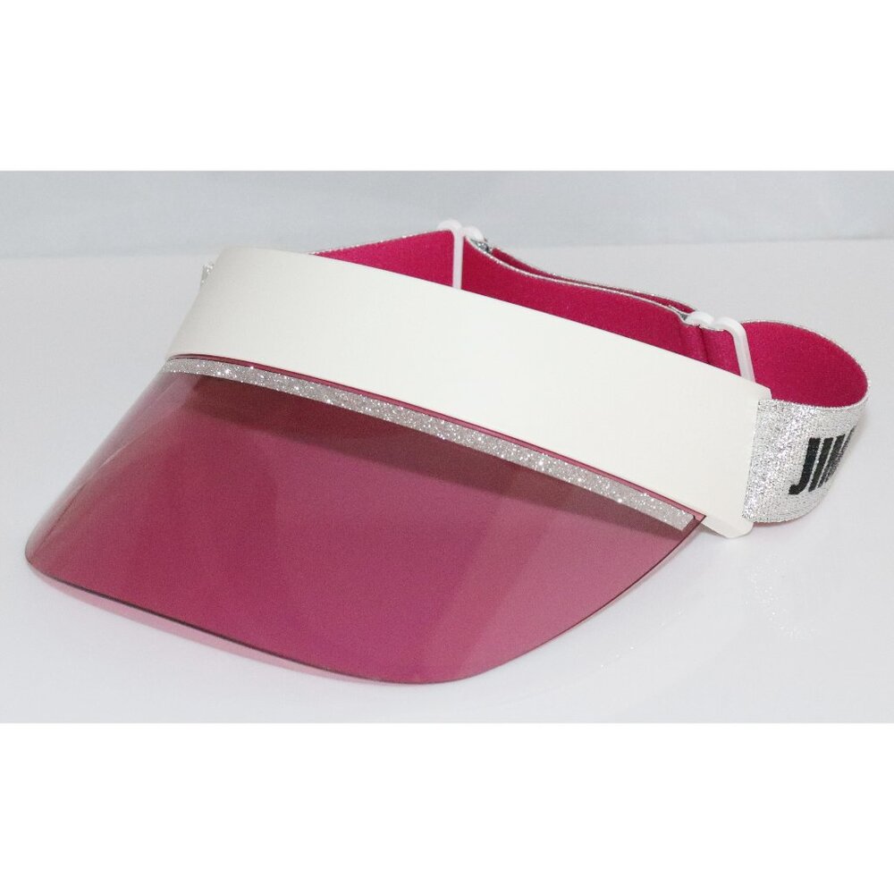 New Women's Jimmy Choo White, Silver Glitter & Rose Sun Visor
